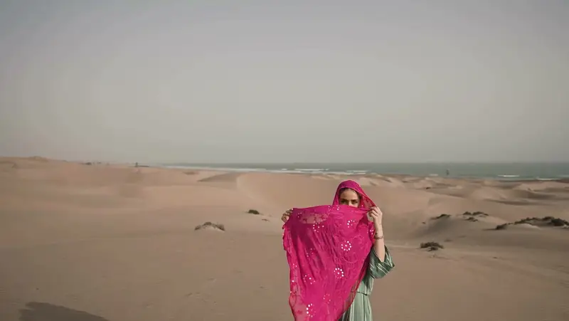 A frame from the Voche campaign, shot on the coast near Chabahar